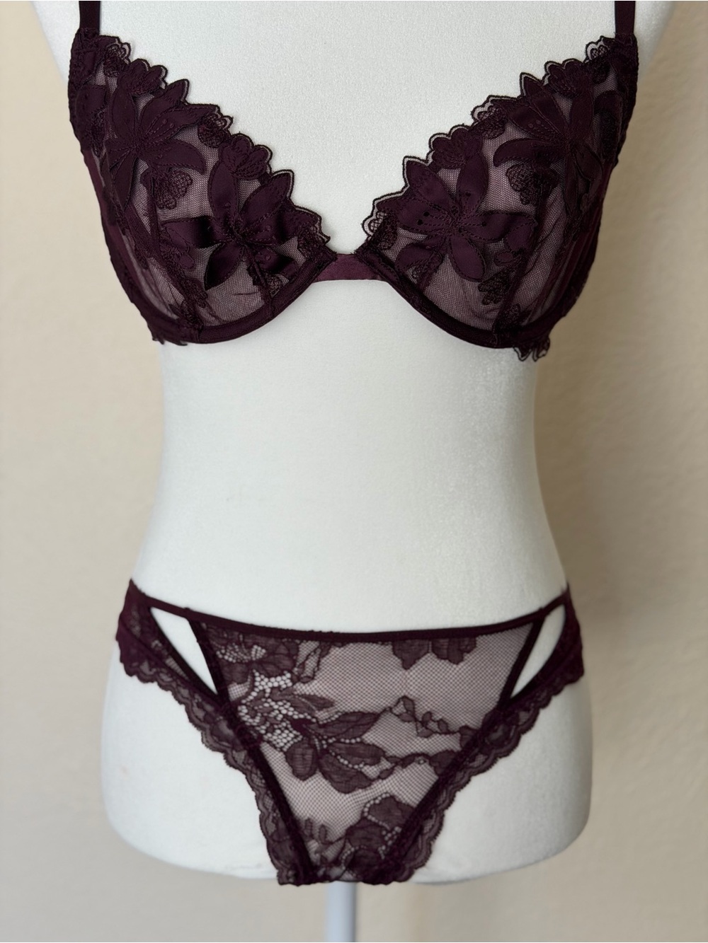 Victoria’s Secret Low Cut Demi Sheer Floral Lace Bra & Thing Set in Deep Plum